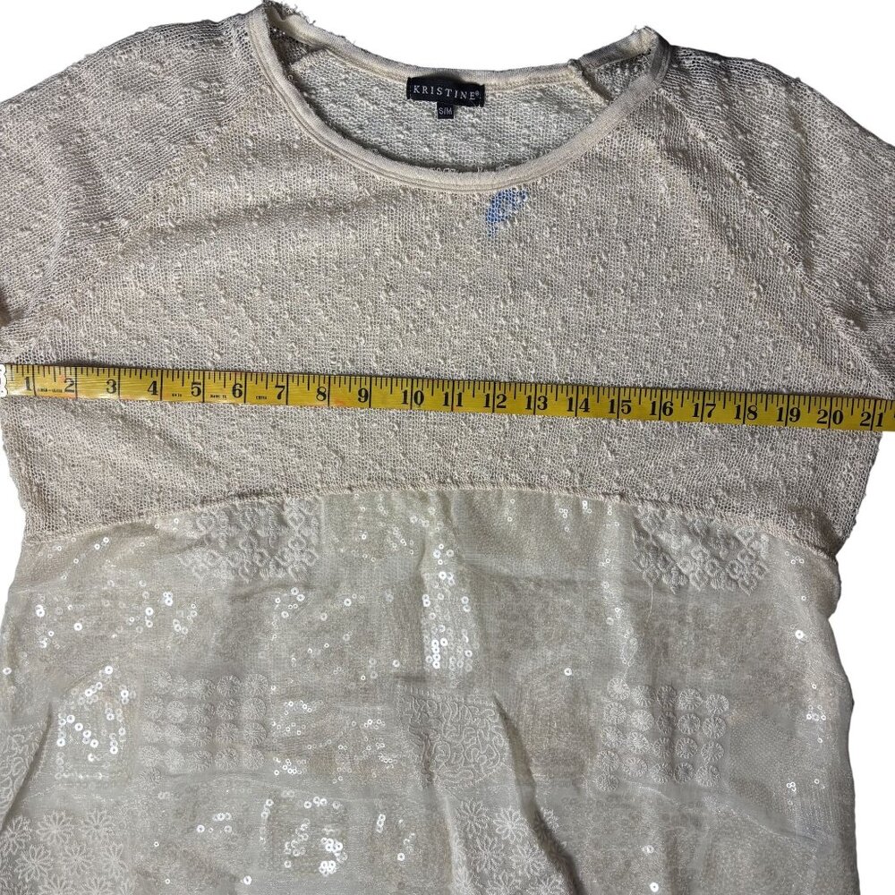 Kristine Boho Sheer Knit Top With Lace & Sequin Layer Cream S/M Polyester - Picture 10 of 11